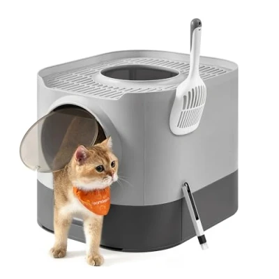 Abbildung von Feandrea Katzenklo, Katzentoilette XXL, mit Deckel, ausziehbares Tablett, Schaufel, Bürste, für Katzen verschiedener Größen, weniger Spuren, Taubengrau schiefergrau PPT002B01
