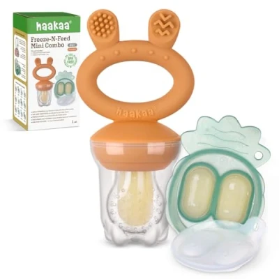 Abbildung von Haakaa Baby Fruchtzufuhr &amp; Mini Gefrierschrank Nibble Tablett Combo, Muttermilch Popsicle Formen für Kühlung Relief, BPA frei Silikon Feeder sichere Säugling Selbst Fütterung, 4M+ (Kürbis)