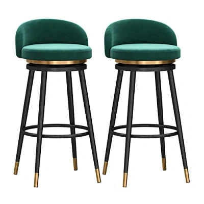 Abbildung von Barhocker 2er Set mit Lehne Drehbare, Bauernhaus Küche Frühstücksbar Hocker, 360 drehbar, Samt gepolsterter Sitz, Schwarze Metallbeine, Höhe 65cm Grün
