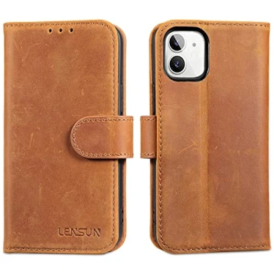 Abbildung von LENSUN Echtleder Hülle für iPhone 12 Mini, Handyhülle [Echtes Leder][Magnetverschluss][RFID Schutz] Flip Handytasche Lederhülle Mini 5G Vintage Braun