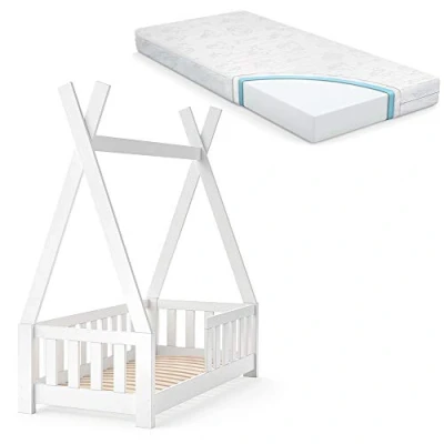 Abbildung von VitaliSpa® Kinderbett Tipi, Weiß, 70x140 cm mit Zaun und Matratze