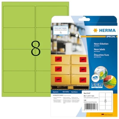 Abbildung von HERMA 5147 Farbige Etiketten Neon grün, 20 Blatt, 99,1 x 67,7 mm, 8 pro A4 Bogen, 160 Stück, selbstklebend, bedruckbar, matt, blanko Papier Farbaufkleber