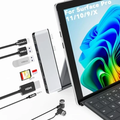 Abbildung von Surface Pro 11/10/9/X Docking Station, 11 USB Hub mit 4K HDMI, C Thunerbolt 4 (8K Video+Daten+100W PD), 2*USB 3.0, 3,5mm Audio, SD/TF, Copilot Hdmi Adapter