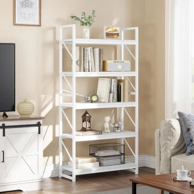 Abbildung von YITAHOME Bücherregal mit 5 Ebenen, industrielles Bücherregal, großes freistehendes Holzregal und Metallrahmen, Regal, Präsentationsregal für Wohnzimmer, Heimbüro, reinweißes