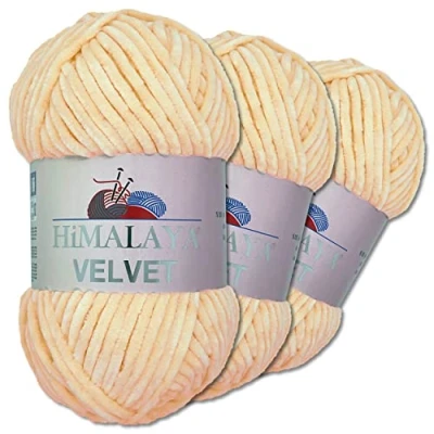 Abbildung von Wohnkult Himalaya 3 x 100 g Velvet Dolphin Wolle 40 Farben zur Auswahl Chenille Strickgarn Flauschwolle Glanz Accessoire Kleidung Decken (90033 Apricot)