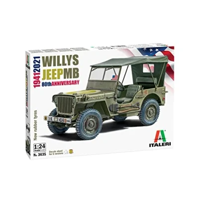 Abbildung von Italeri 3635 1:24 Willys Jeep MB 80th Anniversary Modellbau, Bausatz, Standmodellbau, Basteln, Hobby, Kleben, Plastikbausatz, detailgetreu, Mehrfarbig