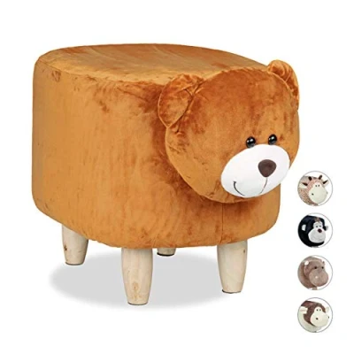 Abbildung von Relaxdays Tierhocker Bär, für Kinder, gepolstert, niedlicher Dekohocker mit Tiermotiv, aus Holz, Schonbezug, braun, H x B T: ca. 35 32 40 cm