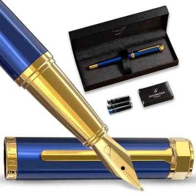 Abbildung von Ellington Pens Luxus Füllfederhalter Set glatte, Spitze inklusive nachfüllbarem Tintenkonverter, 3 Tintenpatronen [Schwarz und Blau], Geschenkbox elegante Kalligrafie