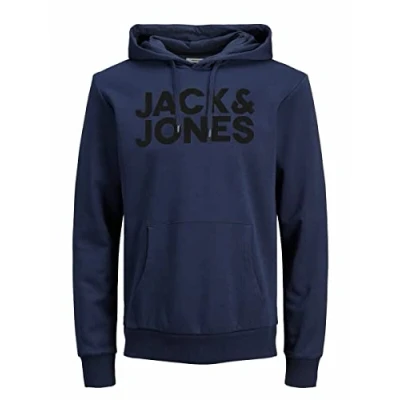 Abbildung von JACK &amp; JONES Herren JJECORP Logo Sweat Hood, Navy Blazer/Large Print/W Bla, XS