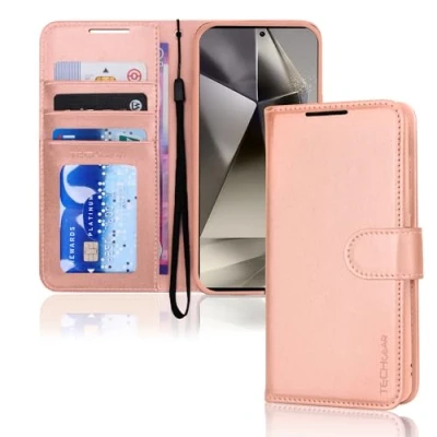 Abbildung von TECHGEAR Galaxy S24 Ultra Leder Hülle, PU Flip Case Schutzhülle Ledertasche [Brieftasche] Handyhülle mit Ständer und Handschlaufe Beutel Hülle Kompatibel Samsung Rosegold