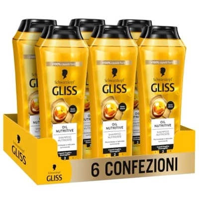 Abbildung von Schwarzkopf Gliss Oil Nutritive Shampoo, 6 x 250 ml, pflegendes angereichert mit Omega 9 und Marulaöl, Produkte für sprödes geschädigtes Haar