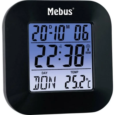 Abbildung von Mebus digitaler Funkwecker mit Thermometer, Datumsanzeige und Beleuchtung, Snooze Funtion, Material: Kunststoff, Farbe: Schwarz, Modell: 51510, 8 x 8,5 1,8 cm
