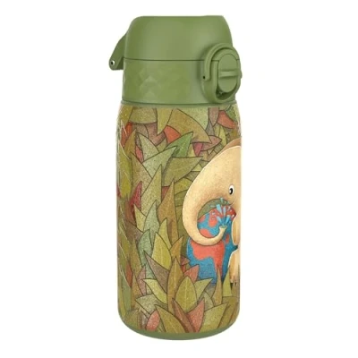 Abbildung von ION8 Kinder Trinkflasche, Edelstahl 400ml, Auslaufsicher, Einhandöffnung, Sichere Verriegelung, Spülmaschinenfest, Klappdeckel, Tragegriff, Leicht zu Reinigen, Langlebig, Elefantenerde Design