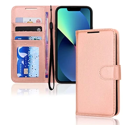 Abbildung von TECHGEAR hülle iPhone 13 Leder PU Flip Schutzhülle Ledertasche [Brieftasche] Handyhülle mit Ständer und Handschlaufe Rose Gold Kompatible
