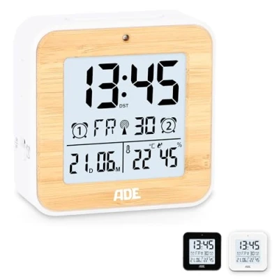 Abbildung von ADE Funkwecker Wecker digital funk mit Temperatur und Luftfeuchtigkeit automatischer Lichtsensor, 2 Weckzeiten, Schlummerfunktion