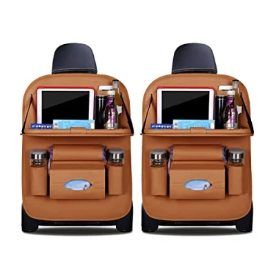 Abbildung von Ergocar Auto Organizer Rückenlehnenschutz Luxus Autositzschutz aus PU Leder mit faltbarem Tablethalter wasserdicht Rückenlehnen Tasche für Kinder (Braun 2 Pack)