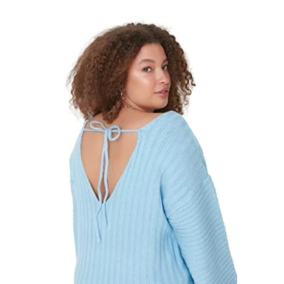 Abbildung von TRENDYOL Damen Pullover mit V ausschnitt, Einfarbig, Entspannt, Übergröße Sweatshirt, Blau, XXL EU