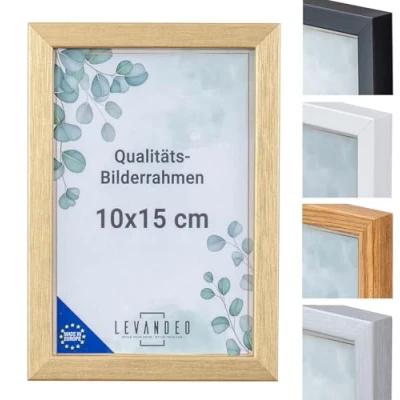 Abbildung von levandeo Bilderrahmen Echtholz Made in EU 10x15 Gold mit Glasscheibe Portrait Fotorahmen Holz Kiefernholz Picture Frame