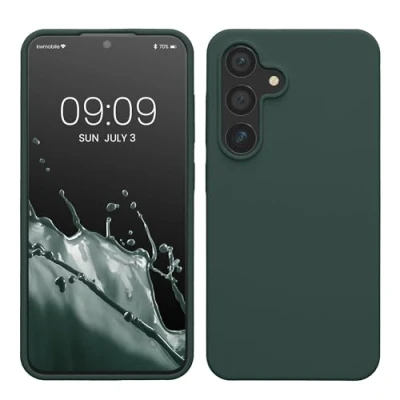 Abbildung von kwmobile Hülle kompatibel mit Samsung Galaxy S24 Silikon Handy Case Handyhülle für weiche Oberfläche kabelloses Laden Blaugrün