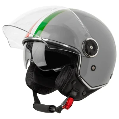 Abbildung von VINZ Neiva Jethelm mit Doppelvisier Roller Helm Fashionhelm Italienische Flagge In Gr. XS XXL Jet Sonnenblende ECE 22.06 Zertifiziert Motorradhelm Visier Grau