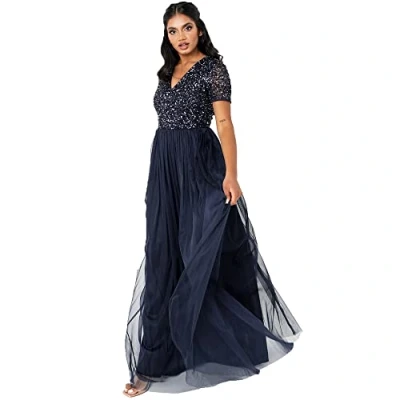 Abbildung von Maya Deluxe Damen Ballkleid Abendkleid V ausschnitt Maxi Länge Pailletten Kurze Ärmel Für Hochzeit Geburtstag Brautjungfer Bridesmaid Dress, Navy, 38 EU