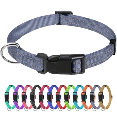Abbildung von TagME Nylon Hundehalsband, Verstellbares Reflektierendes Hundehalsband mit Sicherheitsschnalle für Welpen, Grau, 1.0cm Breite