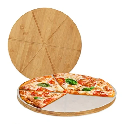 Abbildung von relaxdays Pizzaschneidebrett Pizzabrett Bambus 2er Set mit Backpapier,