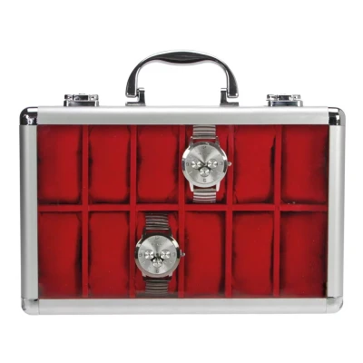 Abbildung von Safe, Präsentationsdisplay, Alu Uhren (12x) Rot mit blauer Innenausstattung Abm: 280x200x80 mm. pro Stk.