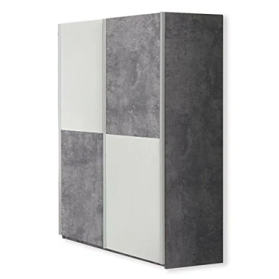 Abbildung von FORTE LUPO Schrank 120, Kleiderschrank, Schwebetürenschrank Industrial Schlafzimmerschrank 2 türig Einlegeböden Kleiderstange, Weiß / Betonoptik LichtGrau, 120 cm breit x 190.5 hoch 61 tief