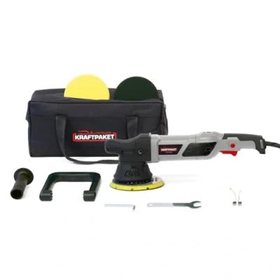 Abbildung von Dino KRAFTPAKET 640229 15mm 950W Exzenter Poliermaschine 12 Stufig mit LCD Display und Memory Funktion im Set Polierschwamm Polierteller Tasche für Auto KFZ Boot XL HUB, Grau