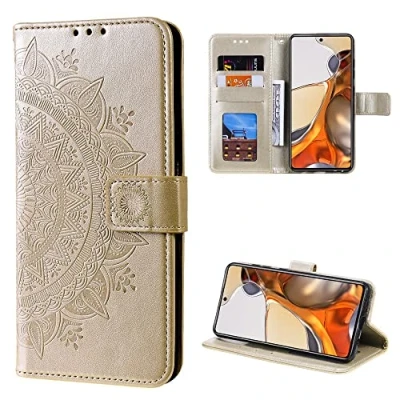 Abbildung von CoverKingz Handy Case kompatibel mit Xiaomi 11T / Pro Cover Kartenfach Phonecase Smartphone Hülle klappbar Motiv Mandala Gold