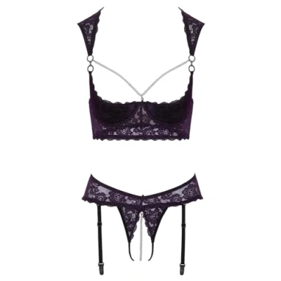 Abbildung von Hebe plus Straps String ouvert aus Lila Stretch Spitze mit schwarzen Details