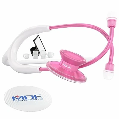 Abbildung von MDF Acoustica leichtes Stethoskop für Ärzte, Krankenschwestern, Studenten, Heimgesundheit, Erwachsene, Doppelkopf, weißer Schlauch, rosa Pinkore Bruststück Headset, MDF747XPPO29