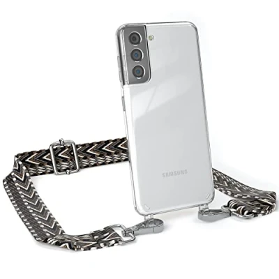 Abbildung von EAZY CASE Handykette Verstellbarer Gurt kompatibel mit Samsung Galaxy S21 5G, Schulterriemen, Flache Kordel, Handykordel Hülle, Hülle Kette, Anthrazit/Schwarz Metall Silber