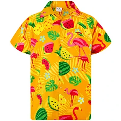 Abbildung von King Kameha Funky Hawaii Hemd, Herren, Kurzarm, Flamingo Melon, Gelb, XS