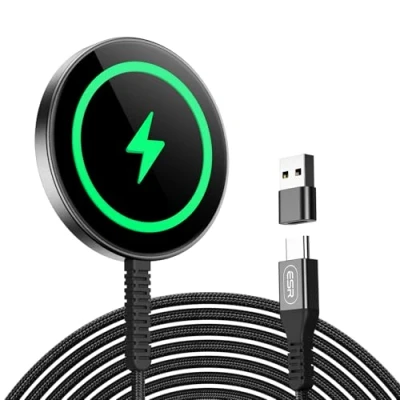 Abbildung von ESR HaloLock Mini kabelloses Ladegerät, kompatibel mit MagSafe für iPhone 16/16 Plus/16 Pro/16 Pro Max/15/14/13 Serie, Airpods 4, starker Magnetverschluss, verstärktes Nylonkabel, Schwarz