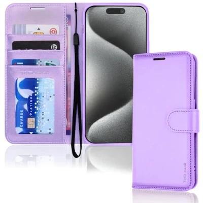 Abbildung von TECHGEAR hülle iPhone 15 Pro Leder klappbar, PU Flip Schutzhülle Ledertasche [Brieftasche] Handyhülle mit Ständer und Handschlaufe Lila Kompatible