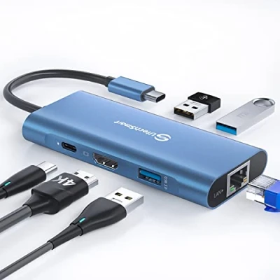 Abbildung von USB C Hub, UtechSmart 6 in 1 zu HDMI Adapter mit 1000M Ethernet, PD 100W Ladeanschluss, 3 3.0 Ports Kompatibel für MacBook Pro, Chromebook und Geräte (Blau)
