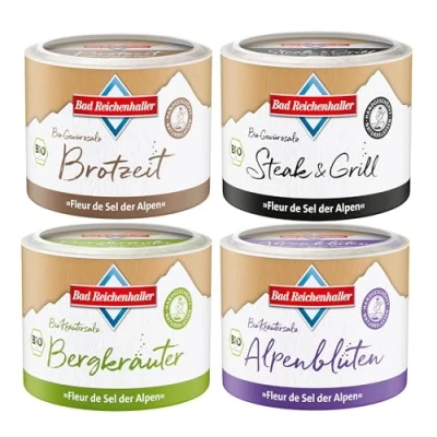 Abbildung von Bad Reichenhaller Alpensaline Edles Alpensalz Quartett 4er BIO Gewürz Bundle Brotzeit, Steak &amp; Grill, Bergkräuter, Alpenblüten Gewürzmischung Zertifiziert, Naturbelassen, nachhaltige Verpackung