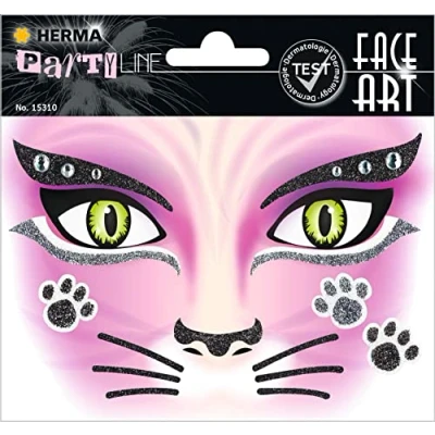 Abbildung von HERMA 15310 Face Art Sticker Katze, dermatologisch getestet, ablösbare Glitzer Gesicht Aufkleber, temporäre Tattoos für Karneval Fasching Halloween Festival Kinder Geburtstag, pink rosa