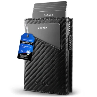 Abbildung von DAPARA Slim Wallet mit Münzfach &amp; RFID Schutz Geldbörse Herren klein Portmonee Kartenetui für 12 Karten Smart for Men Geldbeutel Kreditkartenetui Carbon
