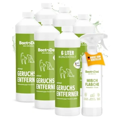 Abbildung von BactoDes Animal Geruchsneutralisierer 6L Konzentrat mit Spray Mischflasche Starker Enzymreiniger Katzenurin, Hundeurin &amp; Tiergerüche Effektiver Geruchsentferner bio Mikroben Wirkung