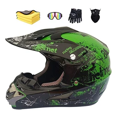 Abbildung von Motorradhelm,Motocross Helm,Helm Kinder,Helmets Kinder Cross Helm, Road Helm mit Handschuhe Maske Brille, ATV Helm,MTB green,59 60cm