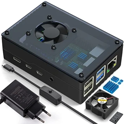 Abbildung von Miuzei Gehäuse für Raspberry Pi 4 mit Sichtbar Acrylic Lüfter kühlung Aluminium Kühlkörper 5V 3A USB C EIN/AUS Schalter 15W Netzteil 4b Case kompatibel Modell B 8GB/4GB/2GB Schwarz