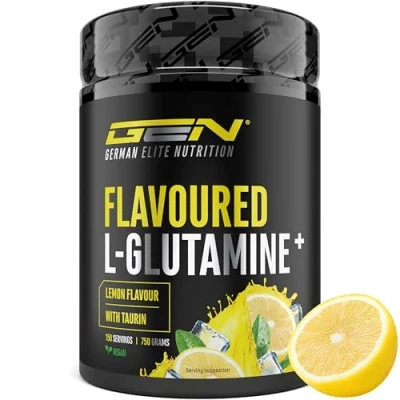 Abbildung von Flavoured L Glutamin Pulver 750 g Ultrafeines Glutamine mit extra Taurin Micronized Geschmack Ohne Zucker &amp; Top Löslichkeit Vegan (Lemon)