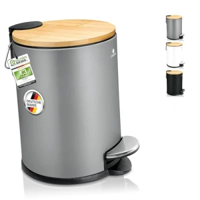 Abbildung von Exitoso Kleiner Mülleimer Bad grau Kosmetikeimer 3L Bambus rutschfest Tretmülleimer Edelstahl mit Softclose Deckel Badmülleimer Badezimmer WC Eimer
