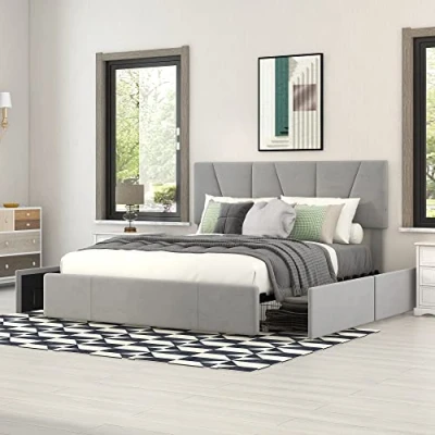 Abbildung von ModernLuxe Bett Samtstoff, Einzelbett/Doppelbett, Polsterbett mit Schubladen, Rückenlehne und Lattenrost, Höhenverstellbares Kopfteil,Jugendbett Gästebett (ohne Matratze) (Grau D, 140 x 200cm)
