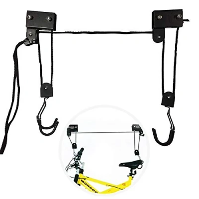Abbildung von EXLECO Fahrrad Deckenlift 57 kg Traglast Bike Lift Schwarz Fahrradlift Universal Fahrradhalterung FahrradaufhängungDeckenhalterung mit Haken Seilbremse für Fahrräder E Bikes Garagen