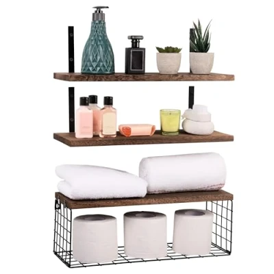 Abbildung von BELLE VOUS (3er Pack Braunes Wandregal Holz Set 42 cm Lang Rustikales Schwebendes Regal mit Korb Badezimmer, Schlafzimmer, Wohnzimmer, Küche oder Büro