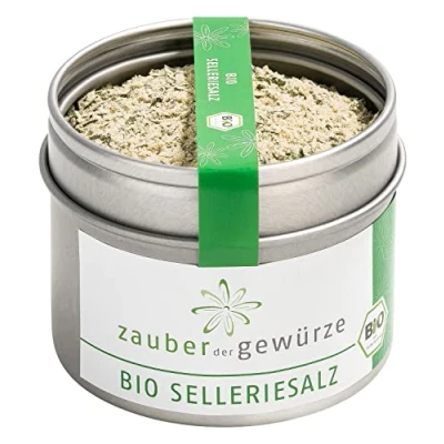 Abbildung von Zauber der Gewürze Bio Selleriesalz, naturreines Gewürzsalz mit aromatischem Sellerie zum Verfeinern von herzhaften Gerichten, vegan, Spitzenqualität in wiederverschließbarer Aroma Dose, 65 g